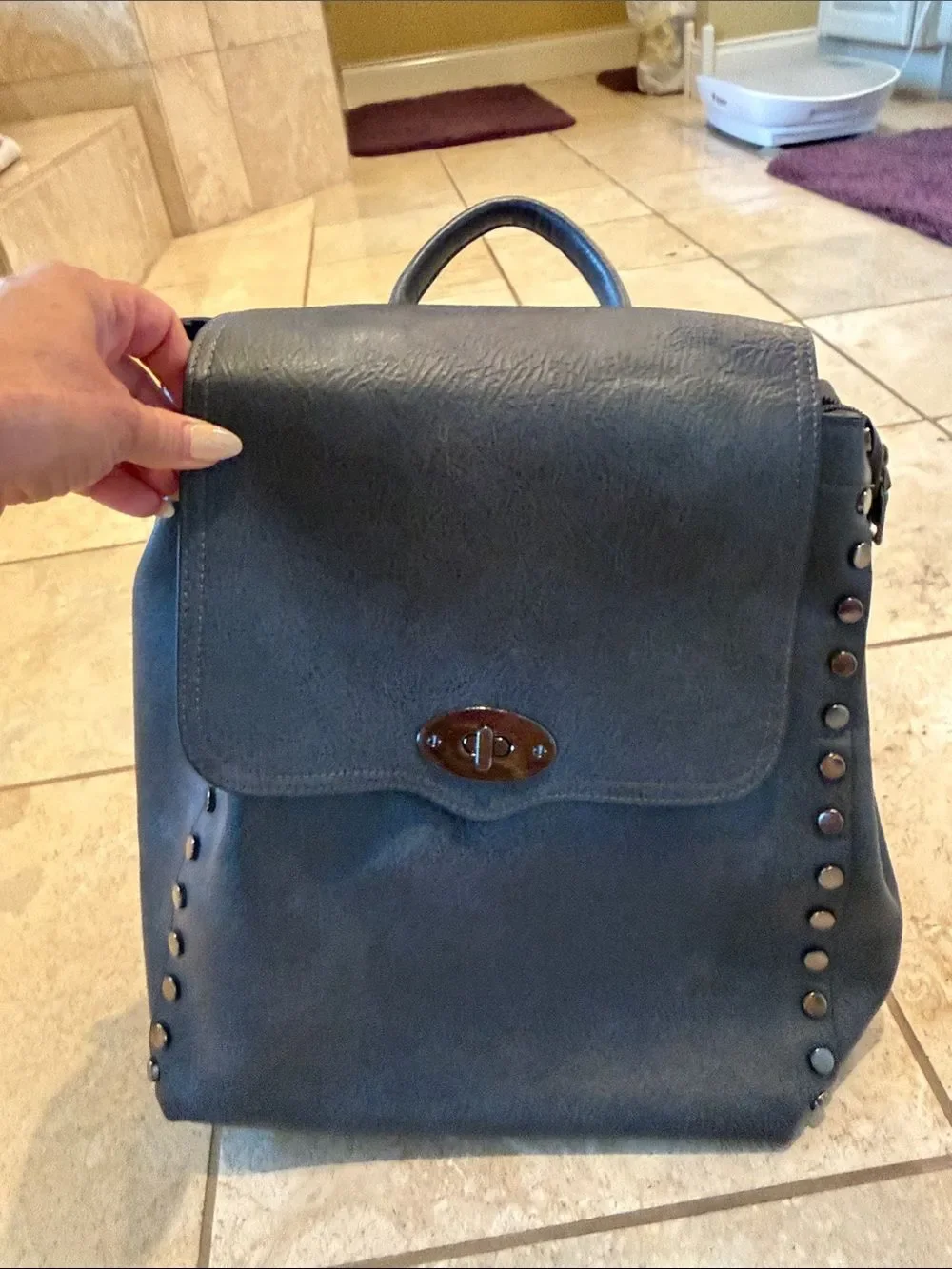 Stud-Trim Faux-Leather Navy Backpack Tote